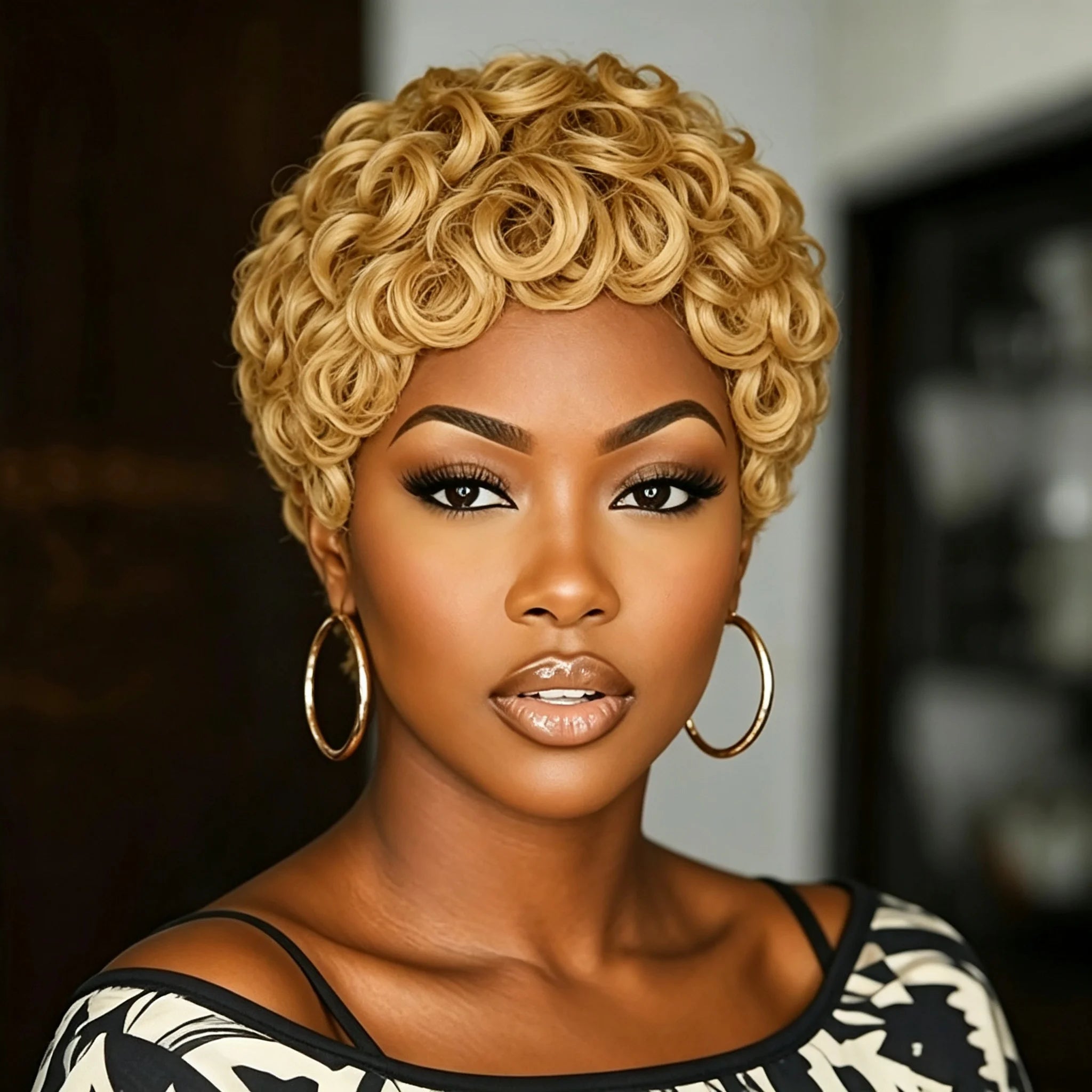 Blonde Bouncy Wave Curly Pixie Cut Human Hair Wig Vintage Dating Daily Hair Wig Machine Made Wig