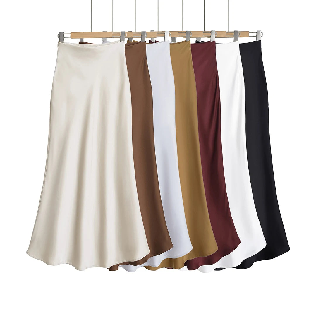 Elegant Satin Midi Slip Skirt with Side Zipper – Smooth & Flowing Fit for Versatile Styling