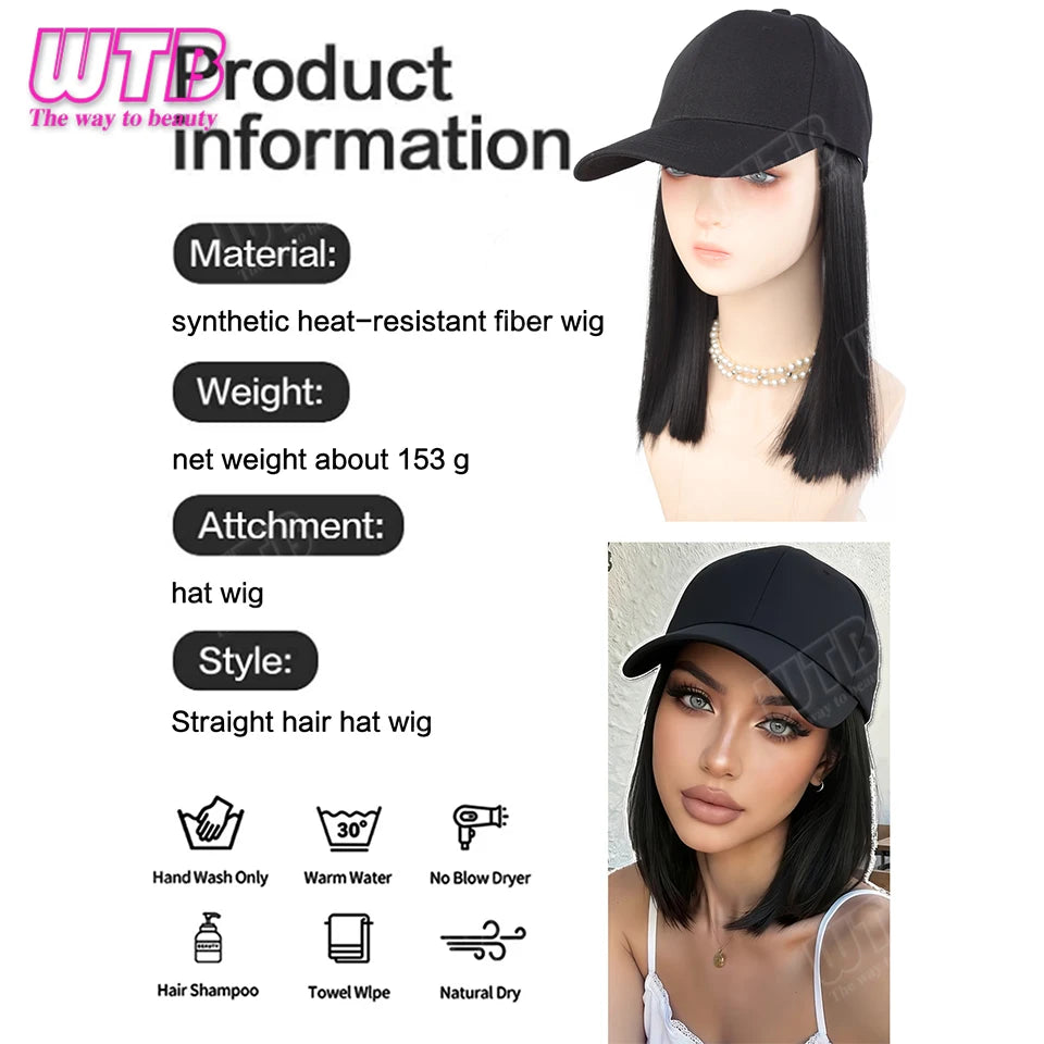 WTB Synthetic Hat Wig Black Short Straight Hair Adjustable Size Sunshade Cap Suitable for Women's Daily and Holiday Wear
