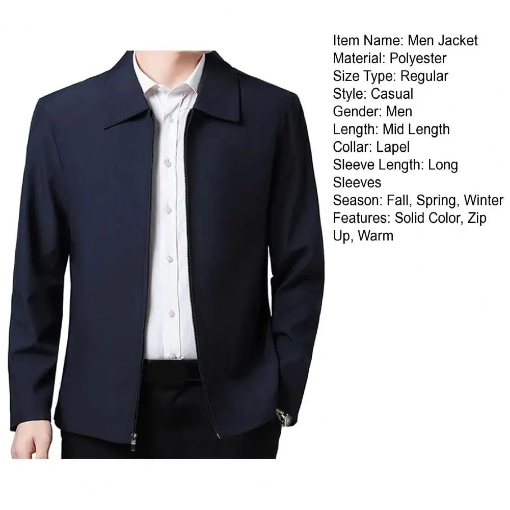 Men Jacket Elegant Mid-aged Men's Lapel Jacket with Zipper Closure Pockets for Formal Business Casual Wear in Spring Fall Solid