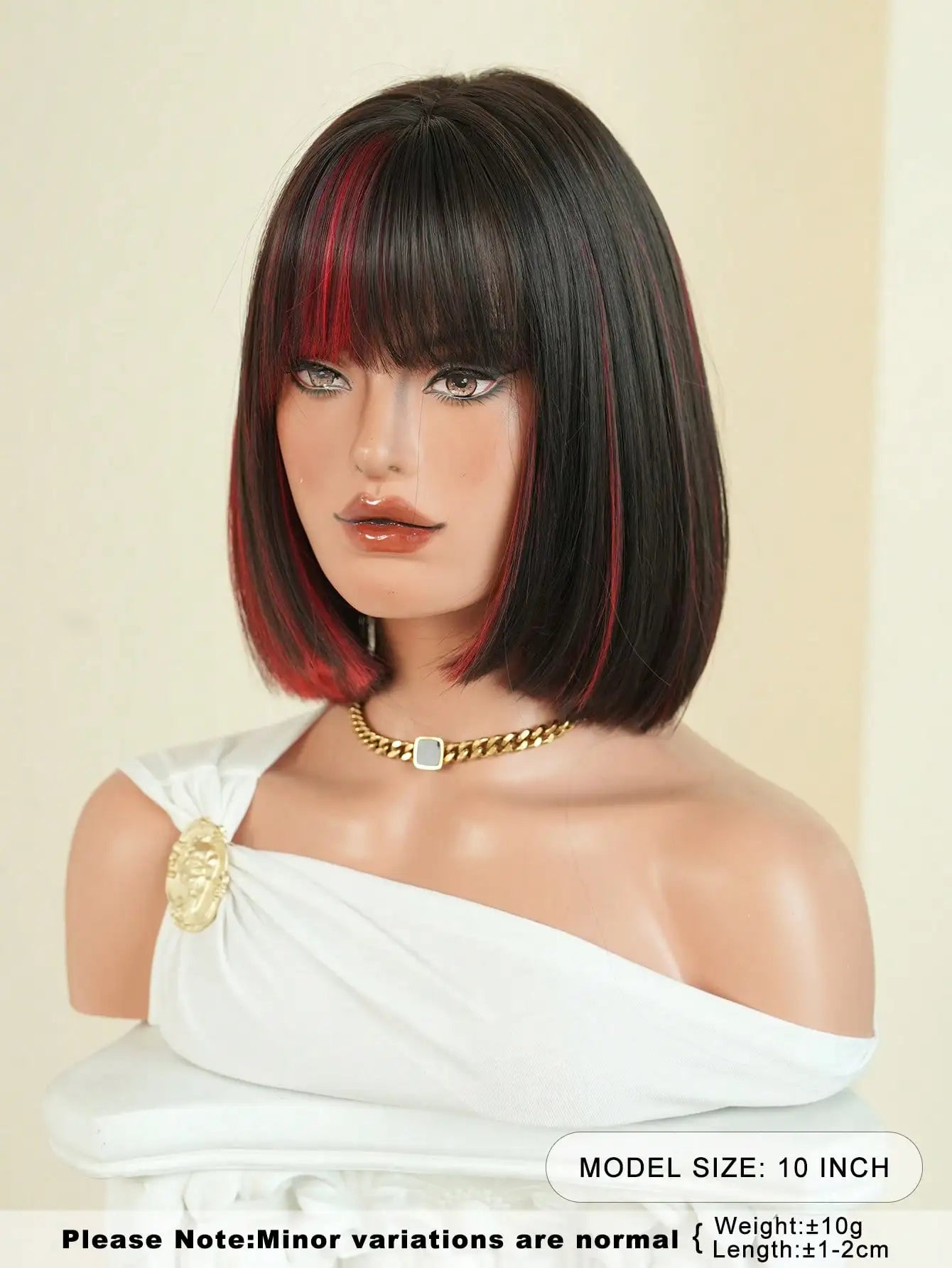Highlights Black Red Bob Wig For Women 10in Short Straight Wig With Bangs, Heat Resistant Fiber Soft Synthetic Full Machine Hair Colorful Anime Costume Wig For Daily Party Wear & Holidays, Music Festival Cosplay Use, Edgy Y2K