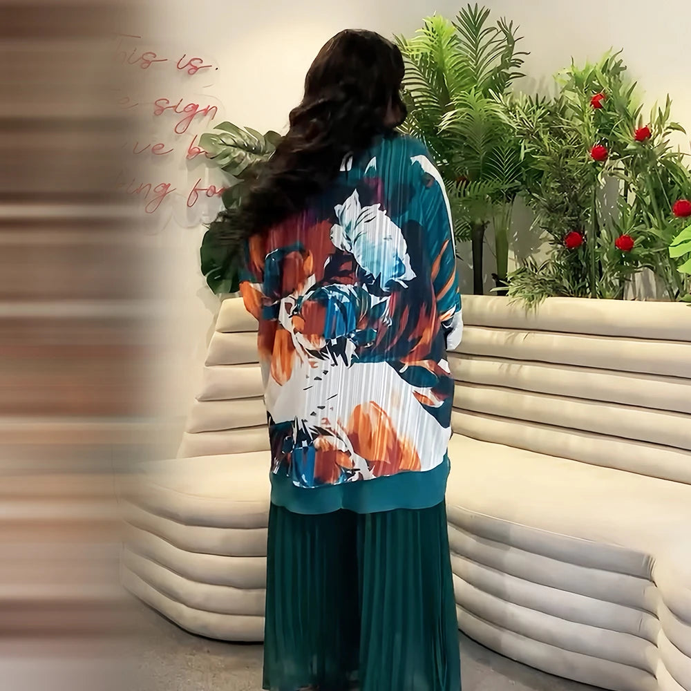 Women 2 Pieces Pants Sets Printed Shirts & Long Trousers Loose Fashion Elegant Ladies Outfits Matching Pants Sets Pleated pants