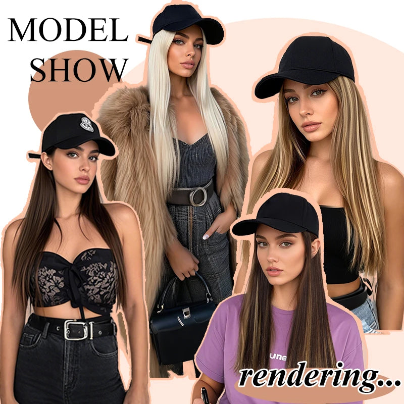 Gorro Sintético con Peluca de Pelo Largo, Liso y Negro, Extensión de Pelo con Gorra de Béisbol, Diseño Todo en Uno Elegante y Conveniente para Mujeres