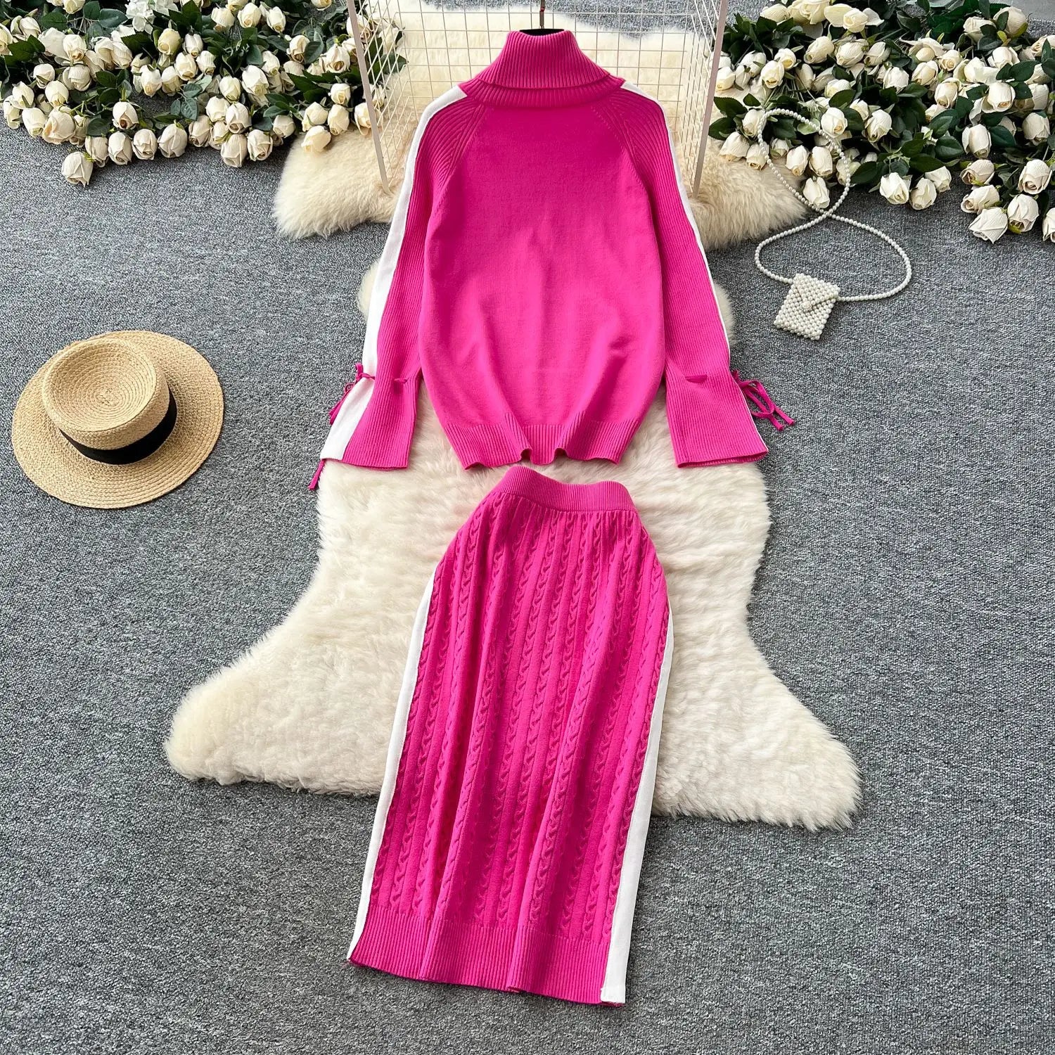 Two Piece Sets Women Skirt Set Turtleneck Knitted Full Sleeve Tops Mid Length Skirts Wrap Hip High Waist Y2k Streetwear Elegant