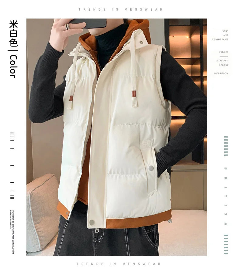 Men Windproof Hooded Vest Men Jacket Sleeveless Vest Winter Jacket Casual Coat Men Down Cotton Warm Thicken Waistcoat Thick Coat