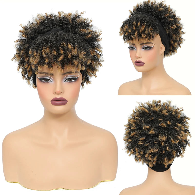 Afro Curly Headband Wigs Short Kinky Curly Wigs with Headbands Attached Scarf Wig For Women Synthetic Afro Puff Wigs with Bangs