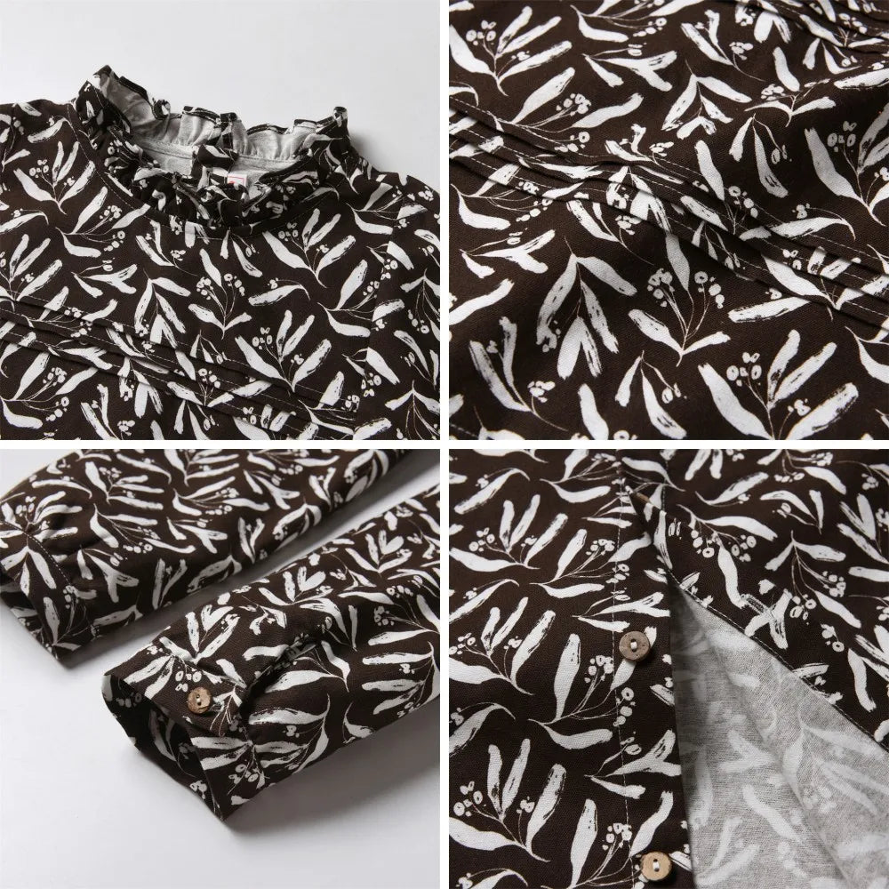 Teen Girls Skirt Top Set Brown Floral Set Cotton Fabric Autumn & Winter Clothes