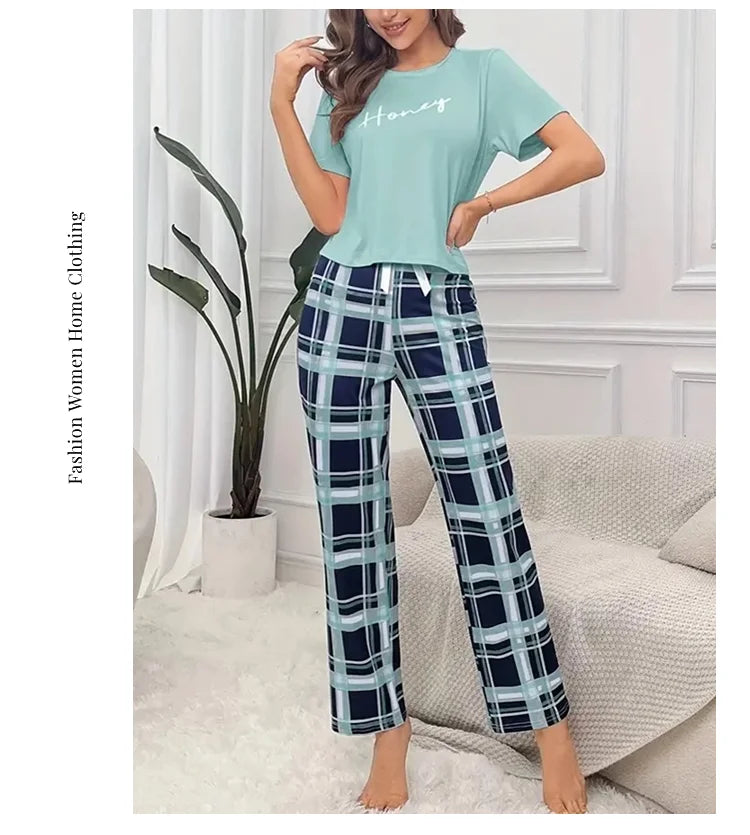 Women's Pajamas Set Soft Comfortable Letter Print T-Shirt & Plaid Long Pants Sleepwear 2 Pieces Home Clothes Loungewear Pyjama