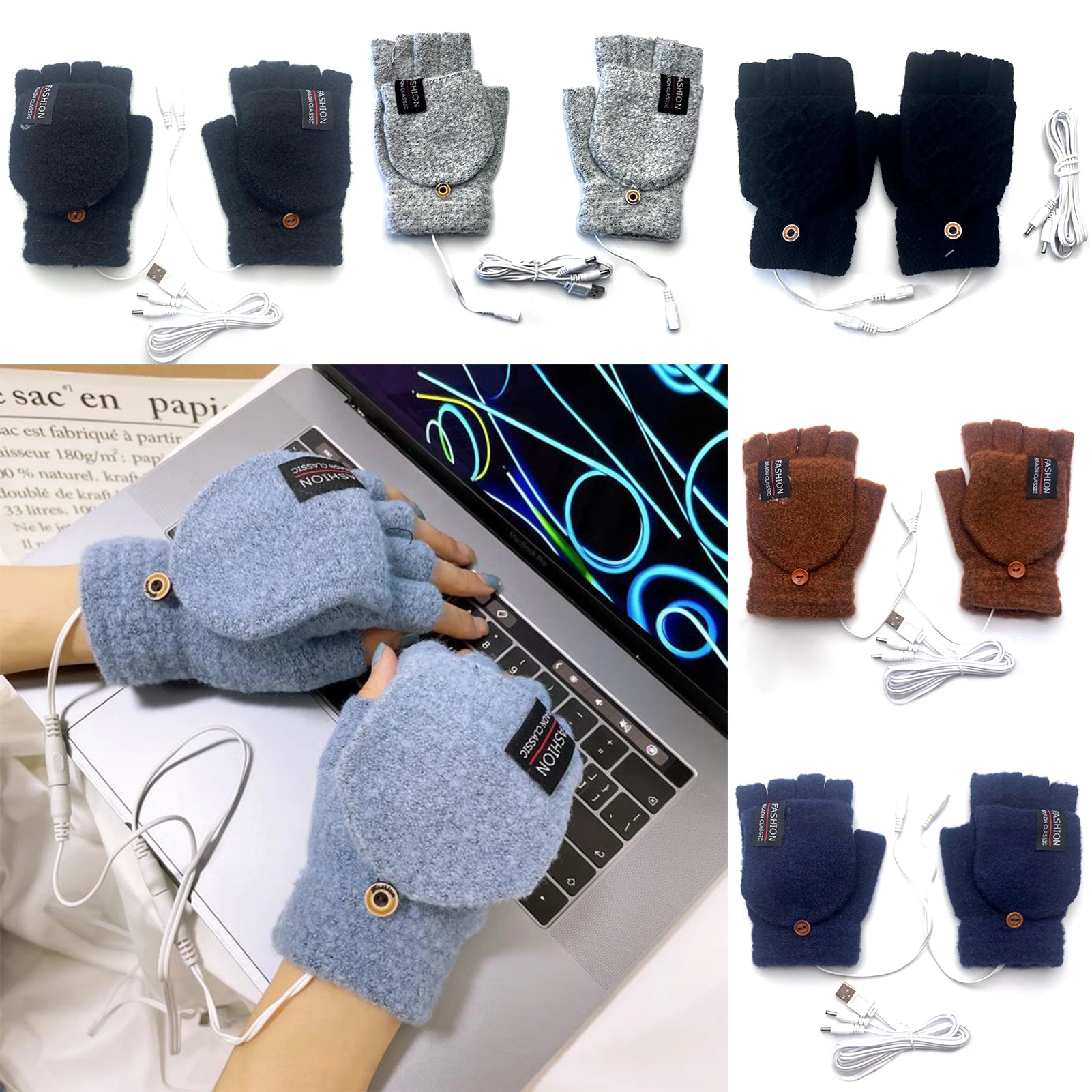 Guantes calefactables eléctricos USB unisex para invierno, exteriores, de color liso, mitones calentadores de mano de dedo completo y medio, térmicos