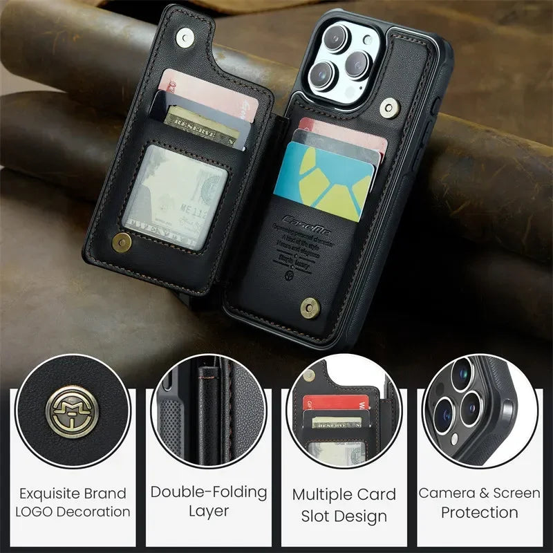 Étui de téléphone CaseMe à rabat en cuir pour iPhone 17 Pro Max 16E 16 Plus 15 14 13 12 11 XR X XS - Portefeuille magnétique avec porte-cartes et coque arrière