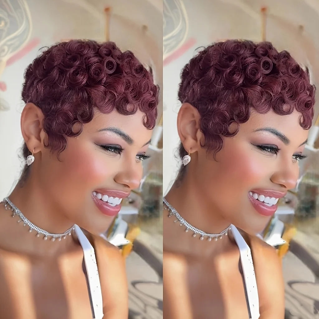 Pixixe Cut Curly Wigs for Women Short Layered Pixie Cut Brazilian Human Hair Wigs Full Machine Wig