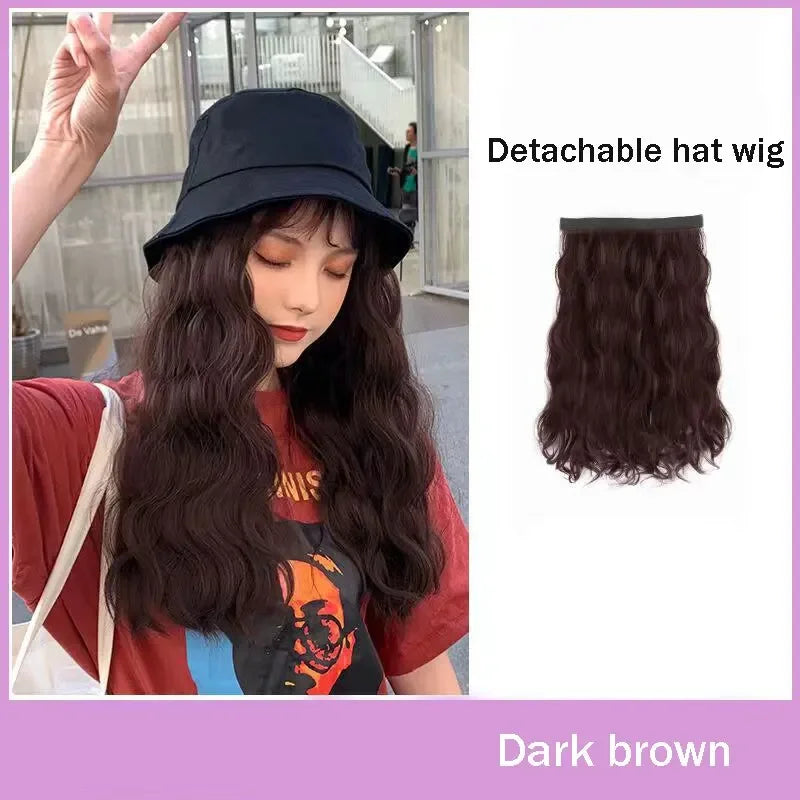 Sombrero peluca de una pieza para mujer, gorro de cubo natural a la moda, resistente al sol, peluca sintética de pelo liso, pelucas de cabeza completa para mujeres