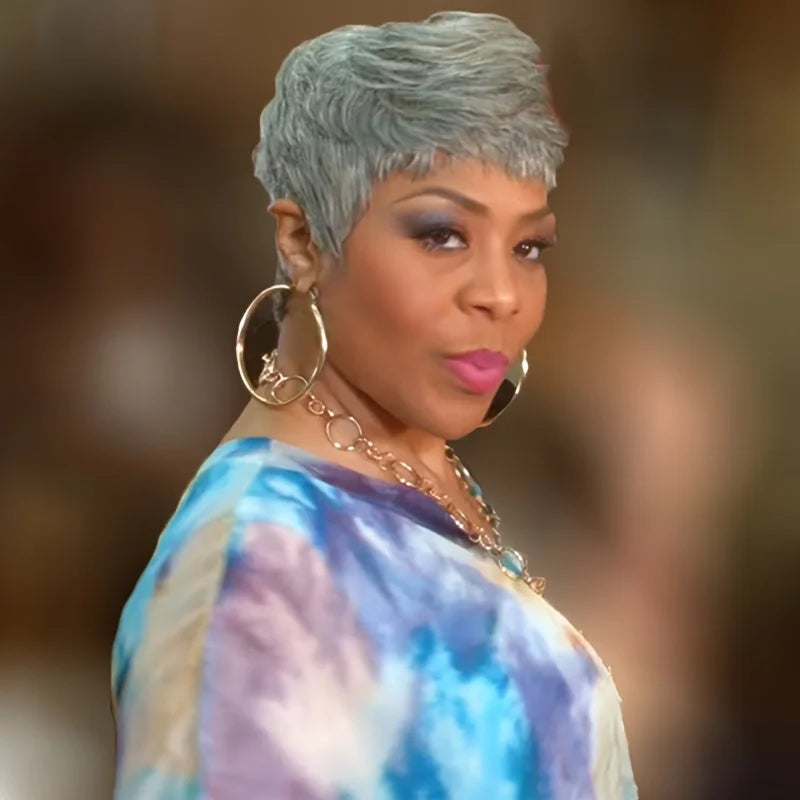 New for Summer Short gray Synthetic wig for women classic gray hairstyle pixie hair wig to mother US
