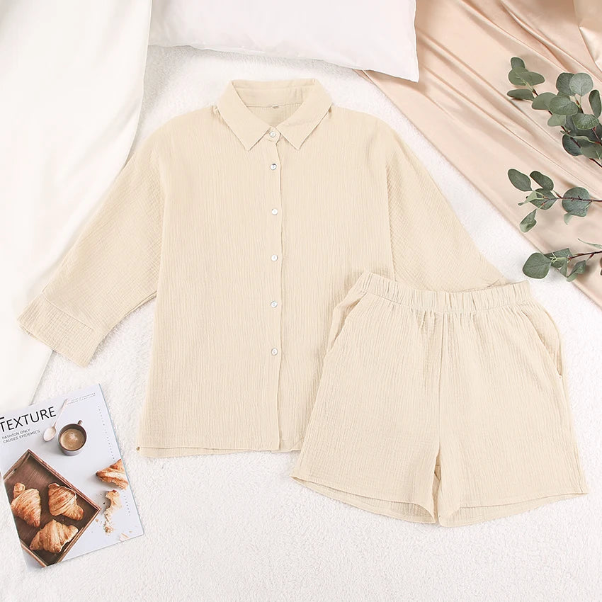 Cotton Pajamas For Women Sets Suit Casual Sleepwear Turn-Down Collar Nine Quarter Sleeve Sleep Tops Shorts Female Homewear 2023