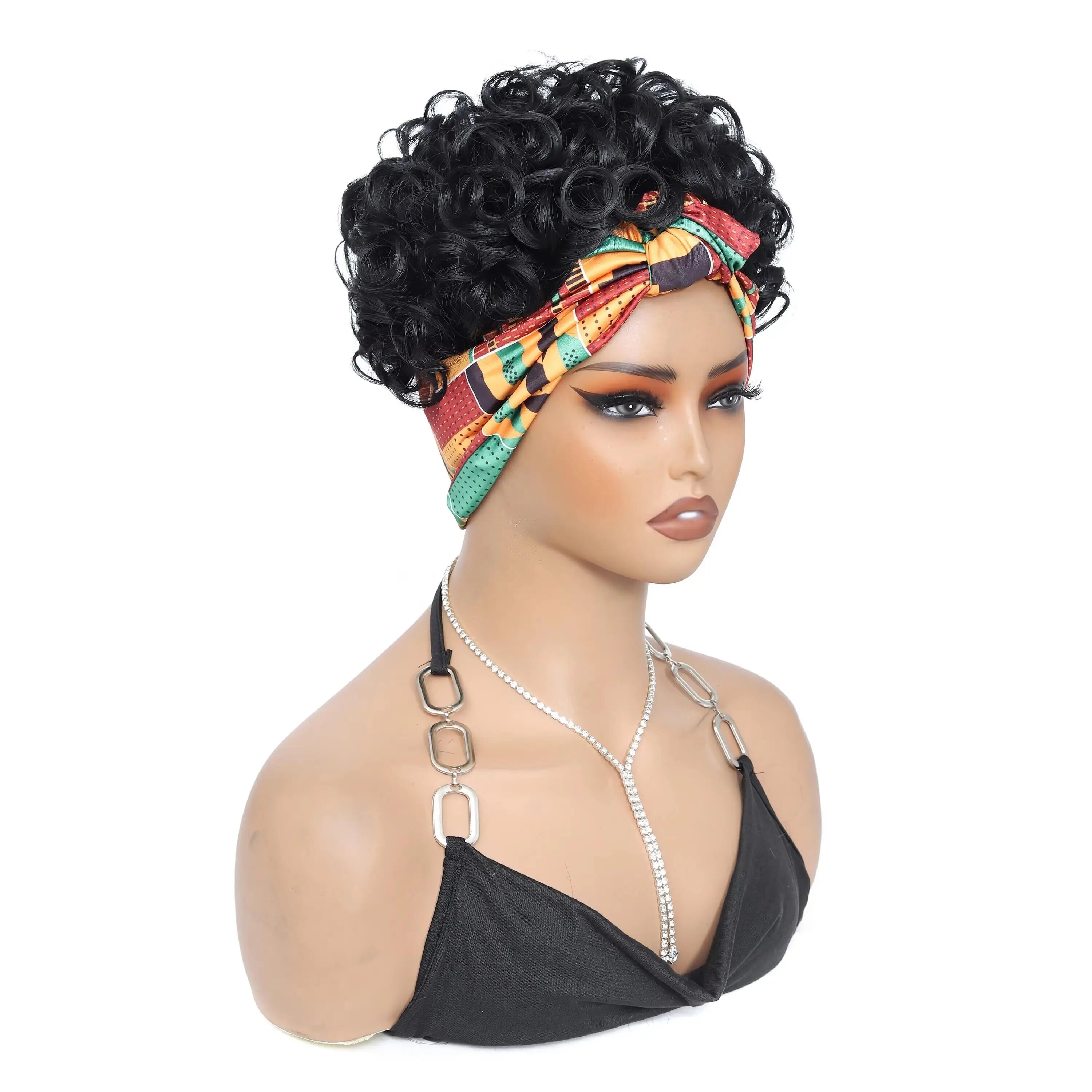 women's curly wig, made with African short ribbons and curly ribbons, black synthetic wig without curly bangs