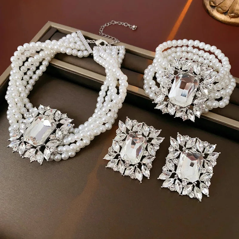 Inlaid Rhinestone Geometric Pearl Jewelry Set Women Beaded Choker Light Luxury Multi-layer Necklace Fashion High Sense Earring
