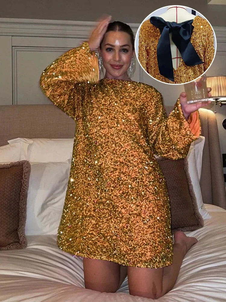 Fashion Shining Sequin Mini Dresses Women Long Sleeve Bowknot Chic Short Robe Female Elegant Holiday Evening Party Look Vestidos