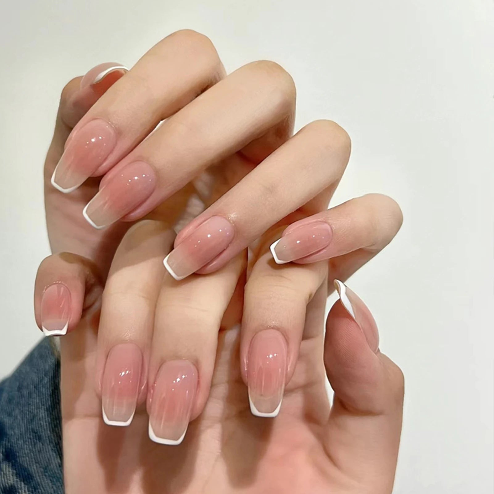 White French False Nails Nude Color Sweet Press on Nails Almond Full Cover Fake Nails Finished Fingernails Art for Bride Wedding