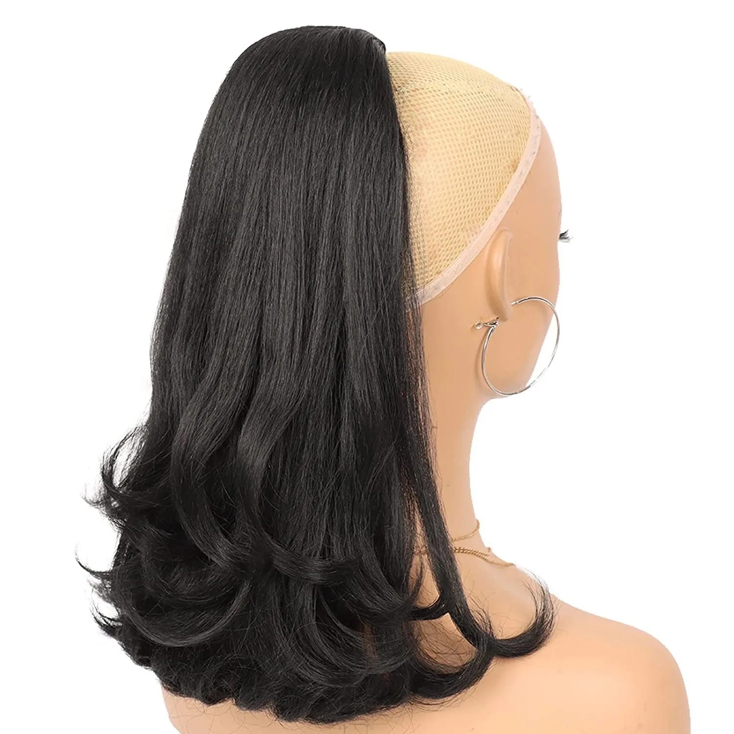 Synthetic 16" Nature Black Drawstring Yaki Straight Ponytail Hair Extensions Tail Warping Pieces for Black Women Daily Party Use