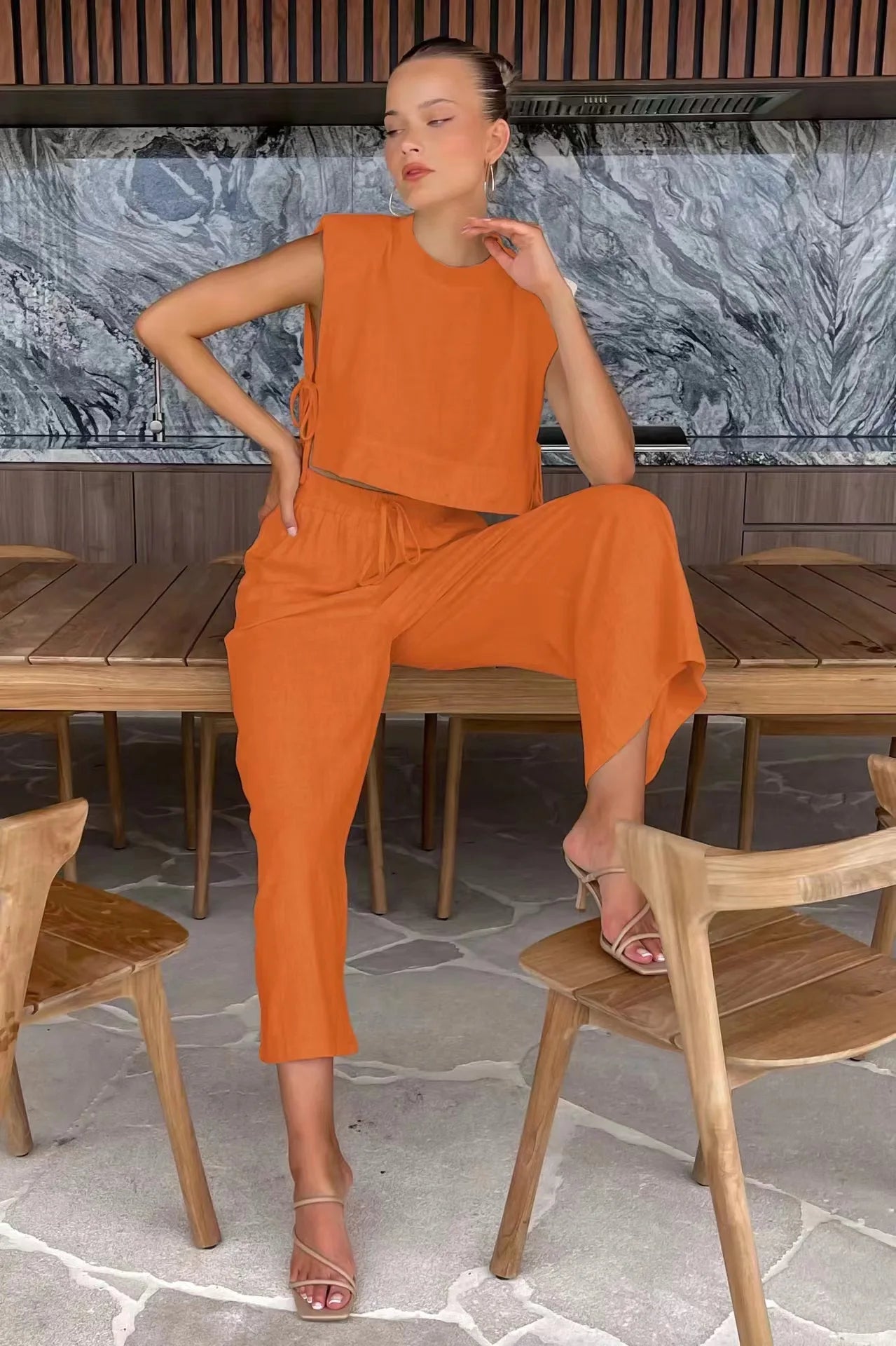 Cotton And Linen Pant Sets Women Sleeveless Leace-up Short Tops Drawstring Long Pants Two Piece Set Commuting 2025 Summer New