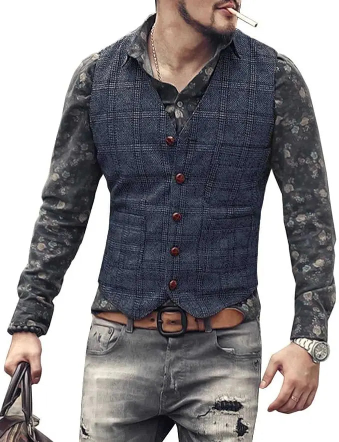 Mens Vintage Business Vest Plaid Classic Coat Tweed Slim Fit Formal Waistcoat for Wedding Groomsmen