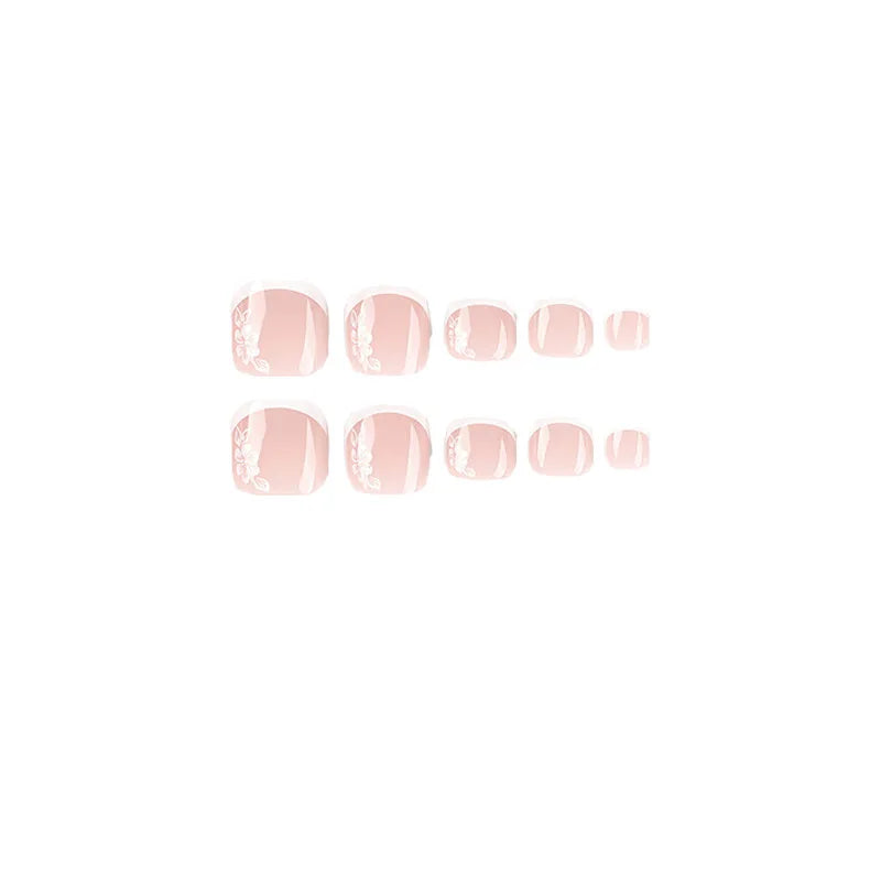 Flowers White French Artificial Toenails Nude Pink Toe False Nails with Glue Wearable Short Flat Shape Fake Toenails Wholesale