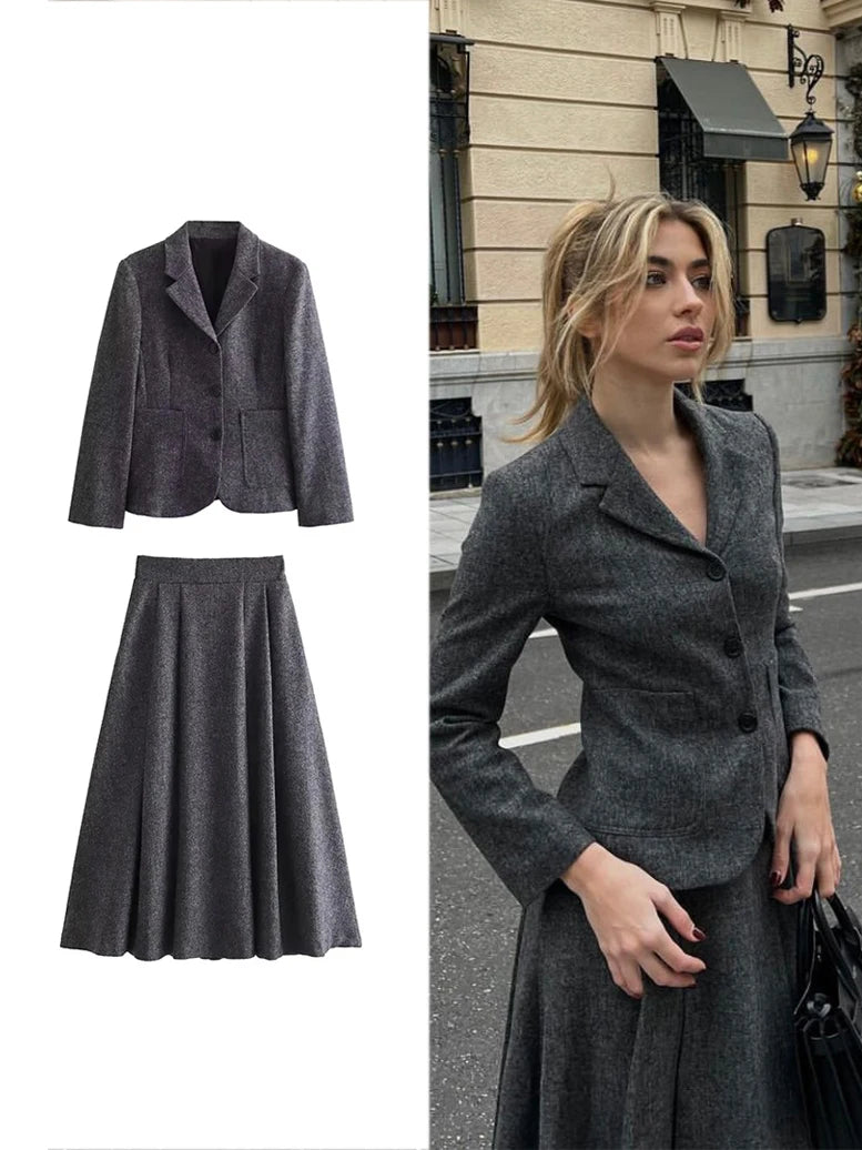 TRAF Women Fashion Casual Commuter Suit Skirt Suit Autumn and Winter Single-breasted Suit Jacket High-waisted A-line Skirt Suit