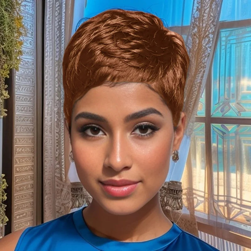 Short Pixie Cut Human Hair Full Machine Made Wig for Women 150% Density