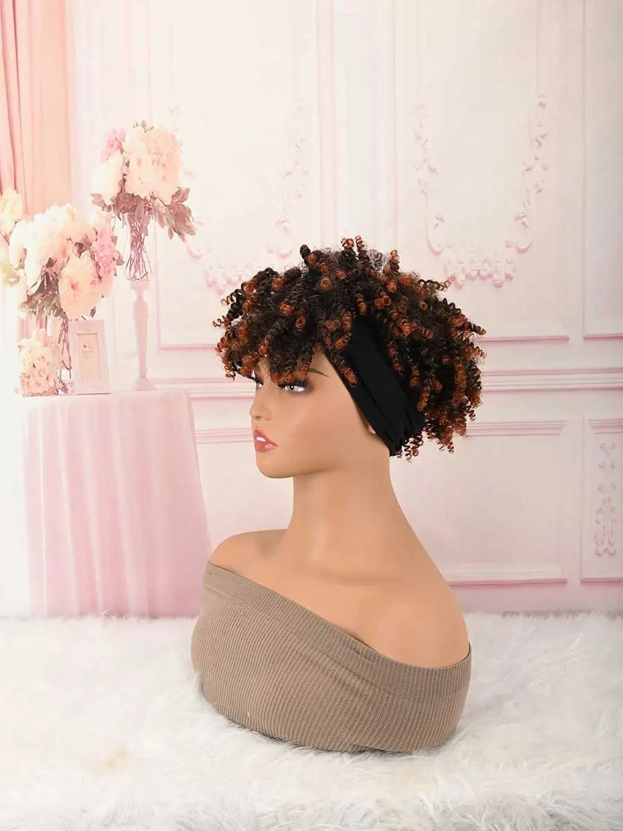 Headband Wig Curly Headband Wig With Bangs For Women Synthetic Afro Curly Hair Wig With Headband Attached Short Kinky Curly Afro High Puff With Bangs Stripes Short Red Curly Wigs with Bangs for Women, Natural Wavy Synthetic H