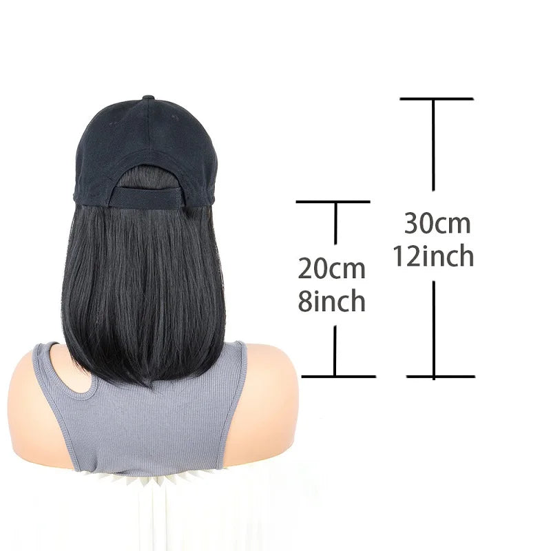 12Inch Synthetic Baseball Cap Hair Extensions Short Straight Bob Adjustable Hat Wig Easy Wear for Daily Party Women