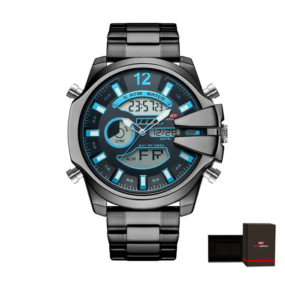 KAT-WACH Men Big Dial Wrist Watches Gold Top Brand Luxury Male Clock 2024 Gold Black Quartz Dual Display Chronograph Dropship