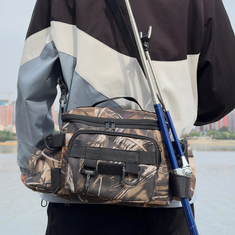 Mochila de pesca, caja de señuelos, bolsa de almacenamiento de aparejos, riñonera para hombres, mochila de pesca con mosca con soporte para caña, bolsa de hombro.