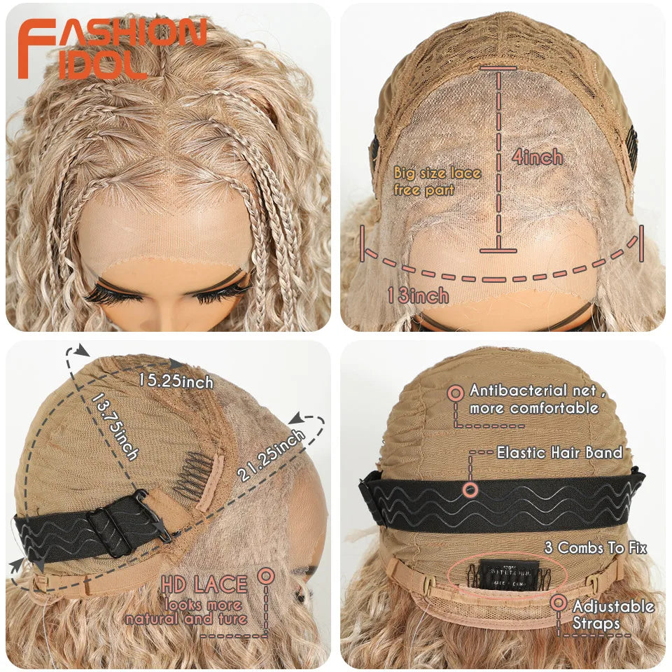 FASHION IDOL 13X4 Box Twist Braided Lace Wig For Black Women Synthetic Lace Frontal Wigs Blonde Faux Locs Wig Goddess Braids Wig