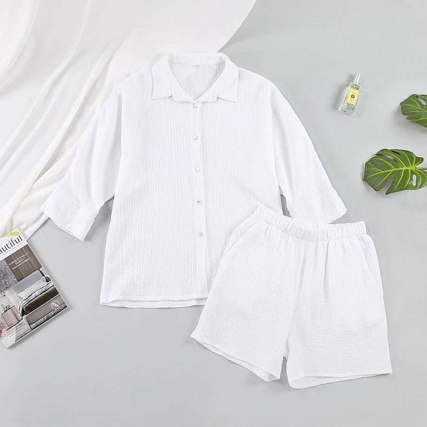 Cotton Pajamas For Women Sets Suit Casual Sleepwear Turn-Down Collar Nine Quarter Sleeve Sleep Tops Shorts Female Homewear 2023