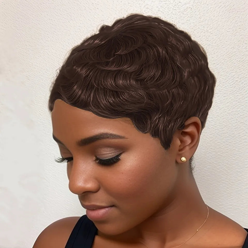 Peluca de verano hecha a máquina para mujer, corte pixie escalonado, cabello humano, color negro natural/99j, densidad 150%, 4 pulgadas