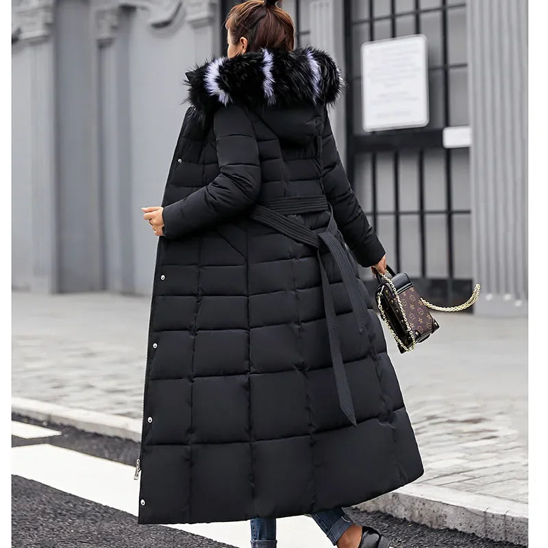 Chaqueta larga de algodón para mujer, parkas, abrigo, nueva, invierno, hasta la rodilla, suelta, con cuello grande de piel, con capucha, cálida, gruesa, parkas para mujer, abrigo acolchado