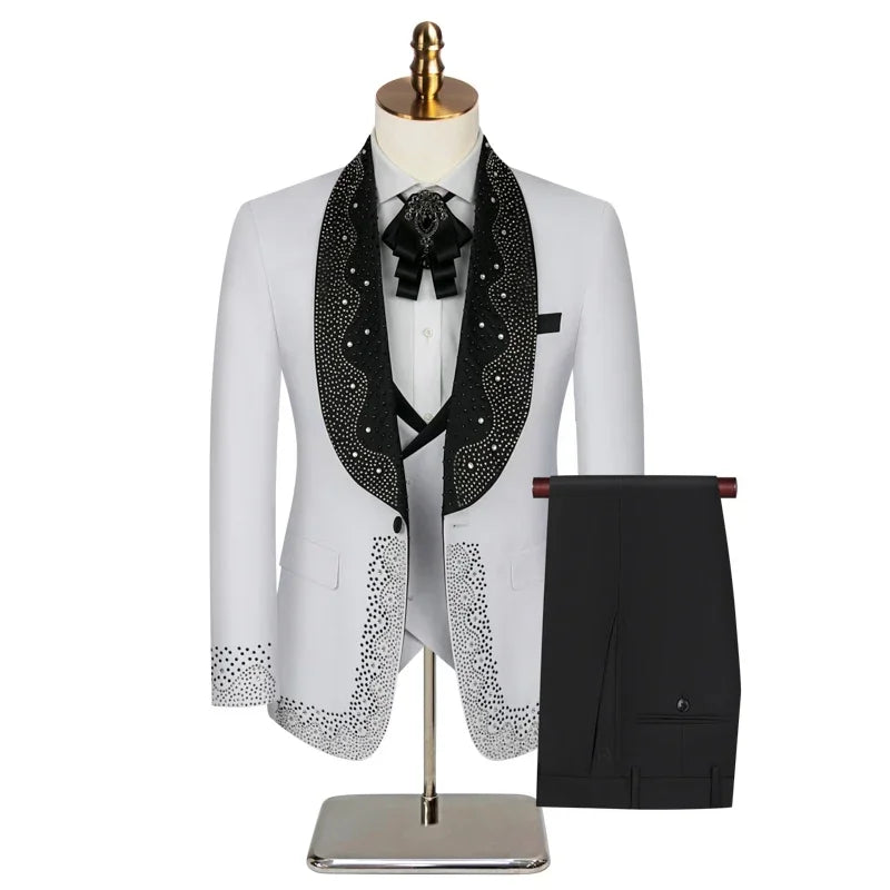 Luxury Wedding Suit For Fashion Men Beaded Slim Fit Groom Tuxedo Gentleman Party Suit 3 Pieces (Jacket+Pants+Vest)