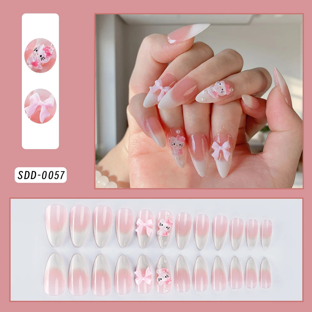 24pcs 3D Hello Kitty Heart Bow False Nails Pink-White French Press on Nails Medium Square Fake Nails for Daily/Party/Gathering *