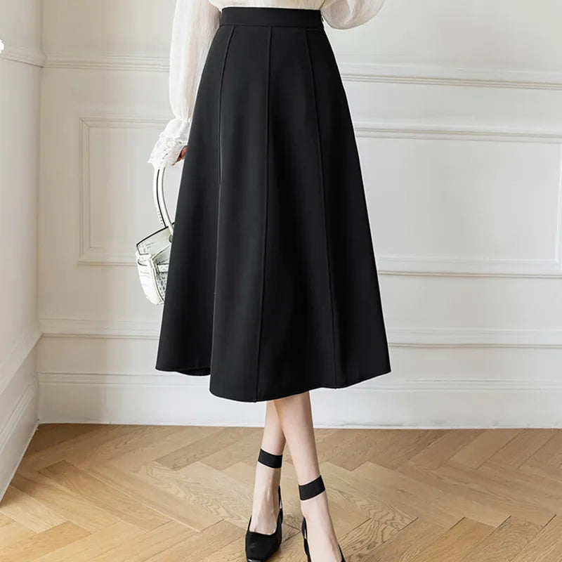 Women's Skirt Spring Women High Waist Solid Vintage Girl's Waist Down Skirt Knee-length A-line Fashion Thin Skirt for Women