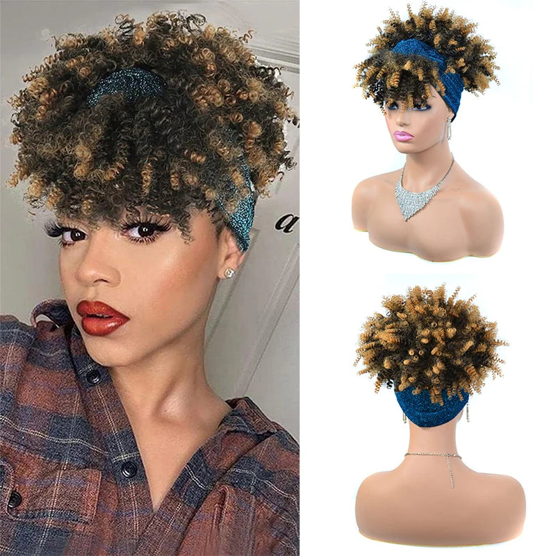 Afro Curly Headband Wigs Short Kinky Curly Wigs with Headbands Attached Scarf Wig For Women Synthetic Afro Puff Wigs with Bangs