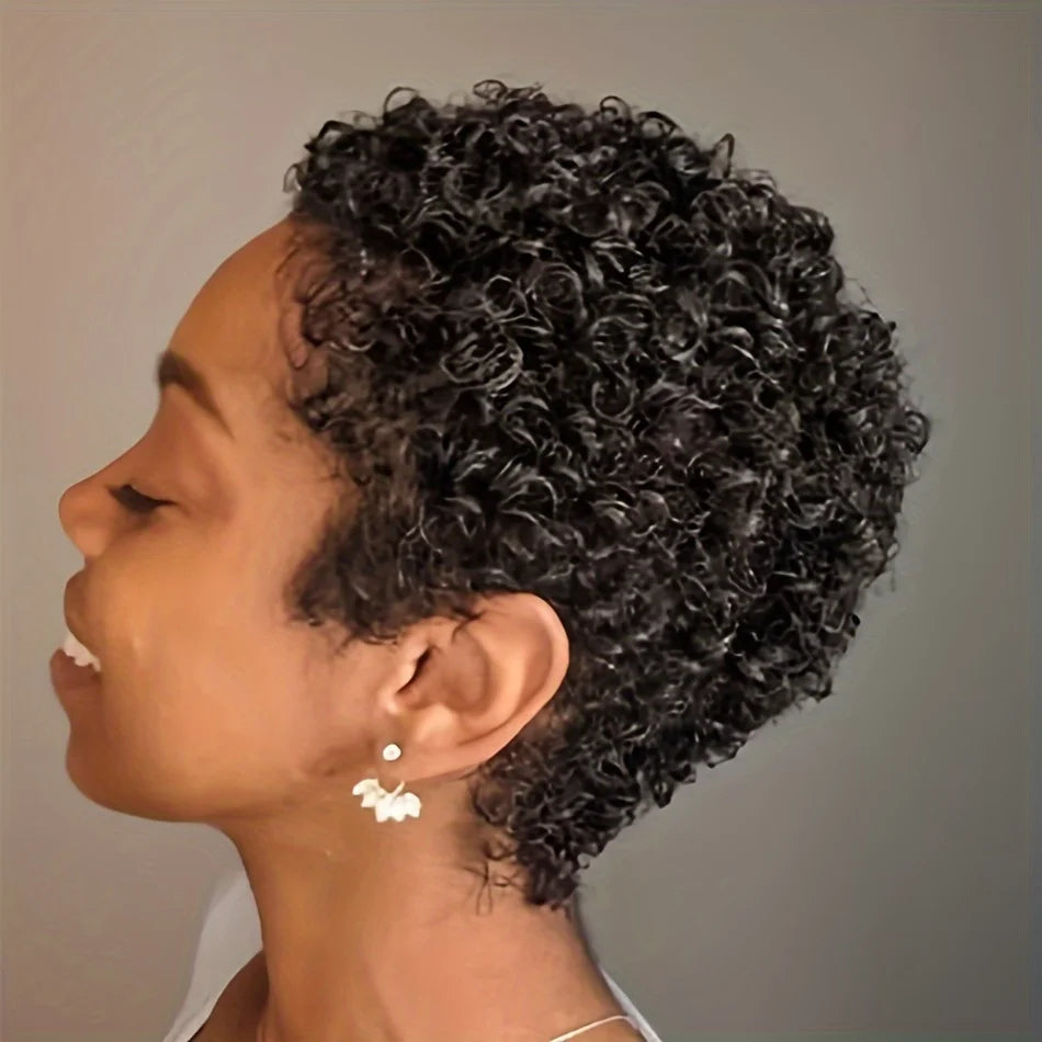 Peluca rizada corta afro de 4 pulgadas, densidad del 150%, para fiesta, corte pixie, hecha a máquina, cabello humano para mujer, color negro natural
