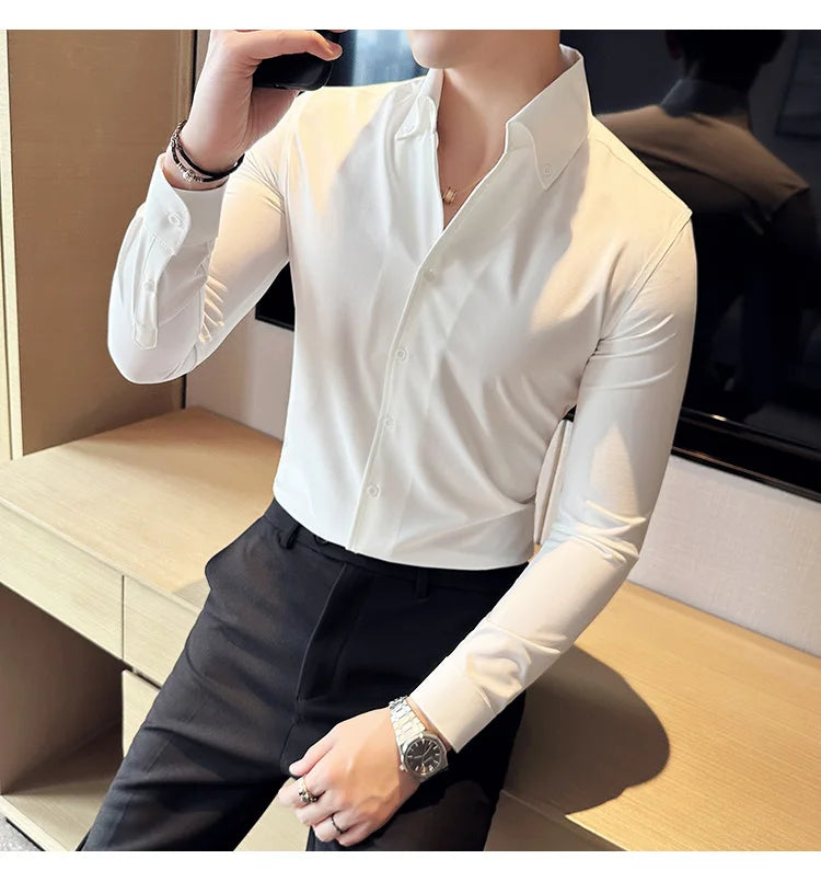 Men Dress Shirt Autumn British Style Solid Casual Slim Fit Formal Camisas V-neck Long Sleeves Shirt Streetwear Men Clothing