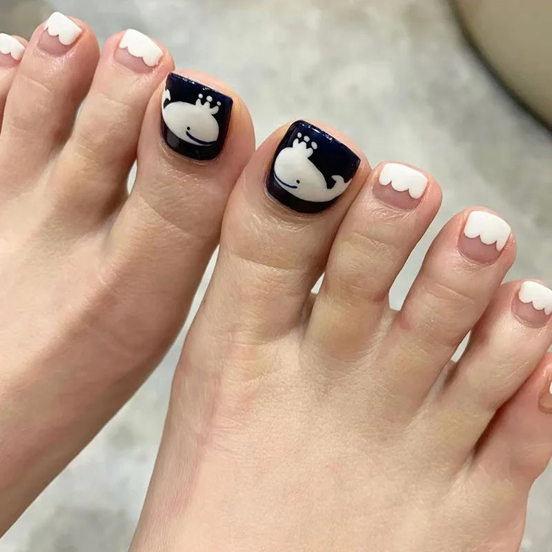 Flowers White French Artificial Toenails Nude Pink Toe False Nails with Glue Wearable Short Flat Shape Fake Toenails Wholesale