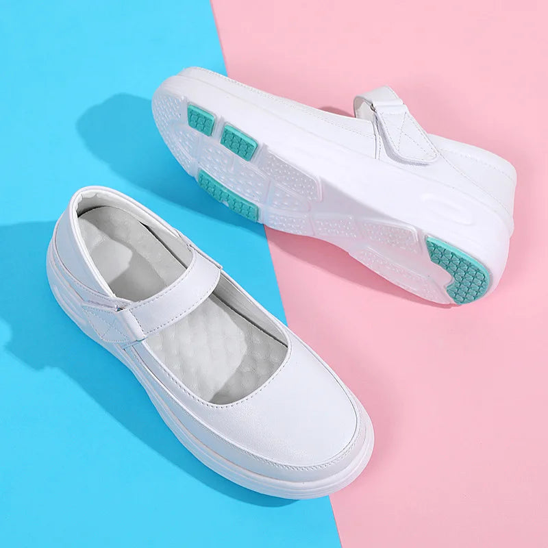 Genuine Leather White Nurse Shoes For Women's Spring Soft soles Breathable Casual Shoes Comfortable air Cushioned Women's Shoes
