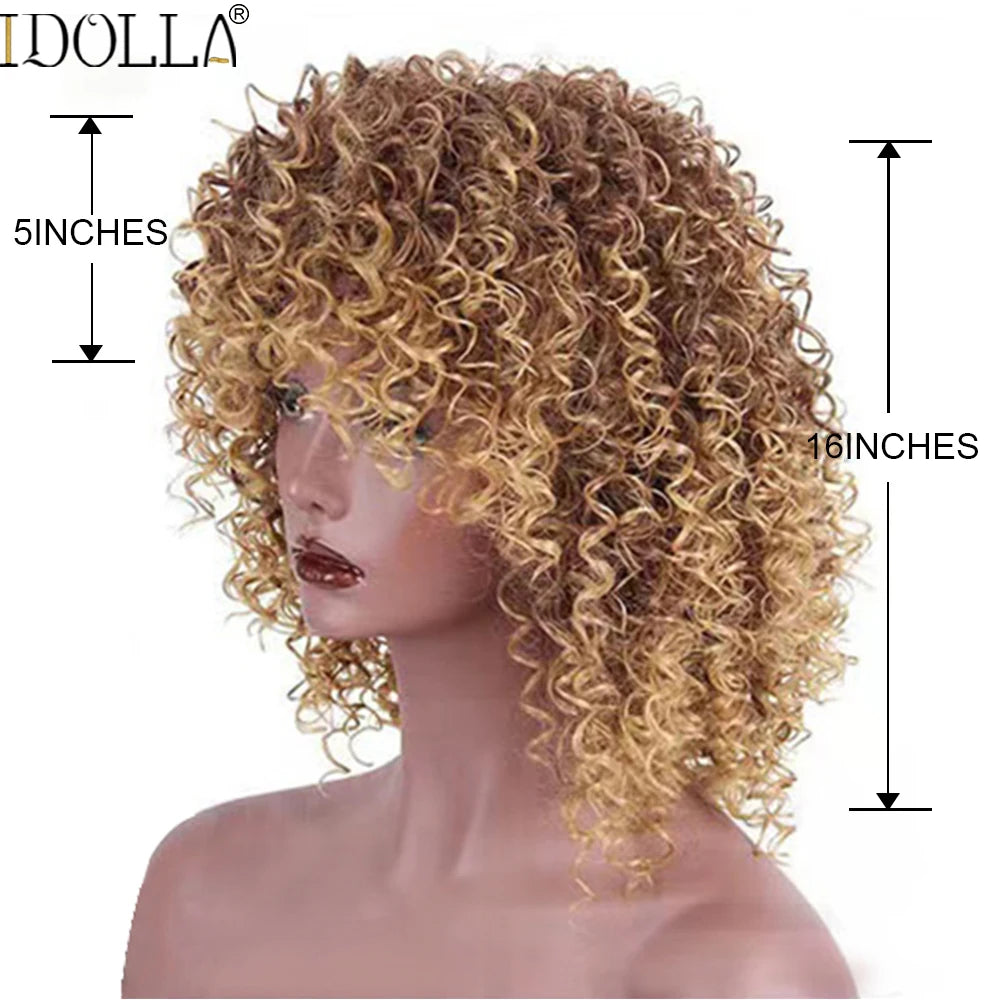 Idolla Short Curly Blonde Wig Synthetic Afro Kinky Curly Wig With Bangs For Black Women Natural Ombre Blonde Cosplay Wig