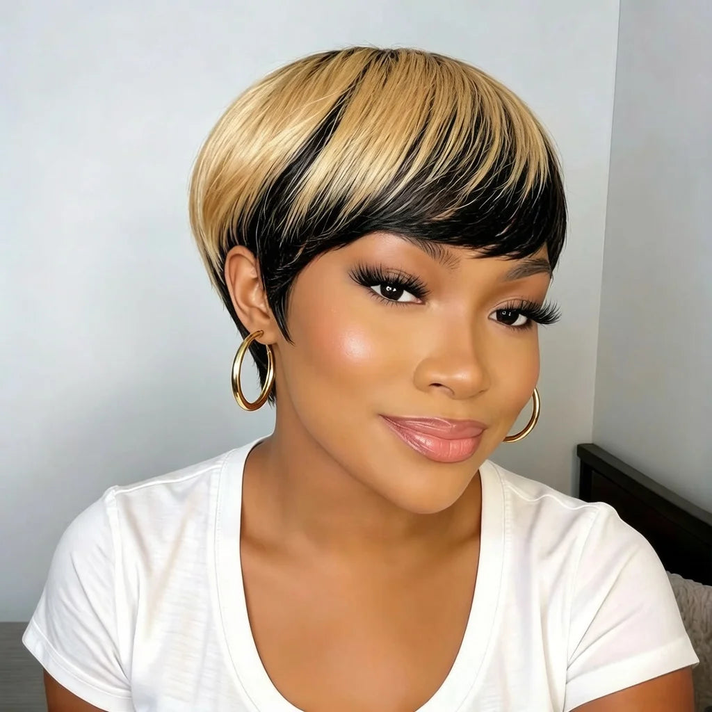 Ombre Black to Blonde Short Pixie Cut Straight Human Hair Wig for Women for Women Machine-made Wig
