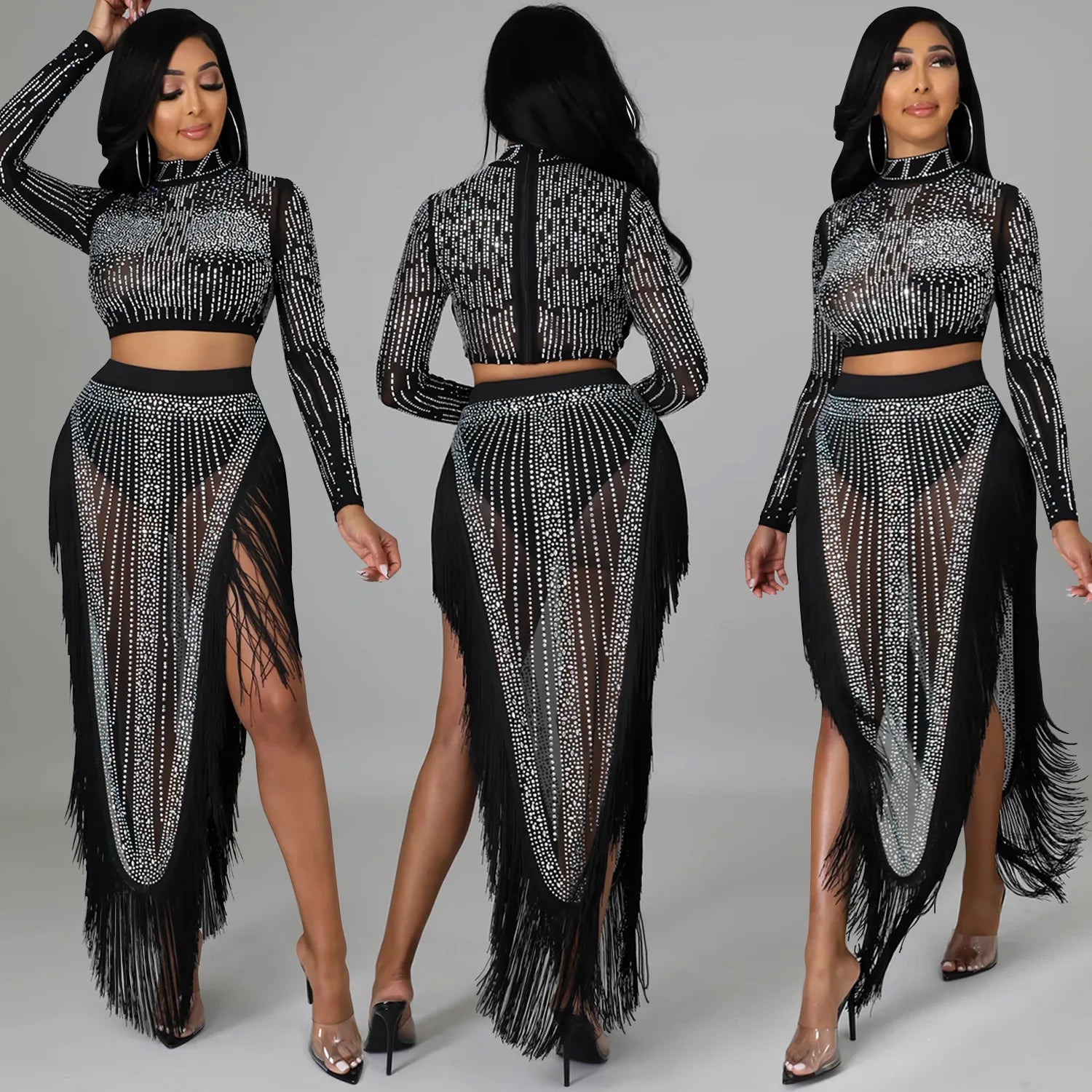 Skirt Set Women Two Piece Sets Dress Sets Mock Neck Matching Set Diamond Short Tops Party High Waist Long Skirts Sexy Hot Tassel