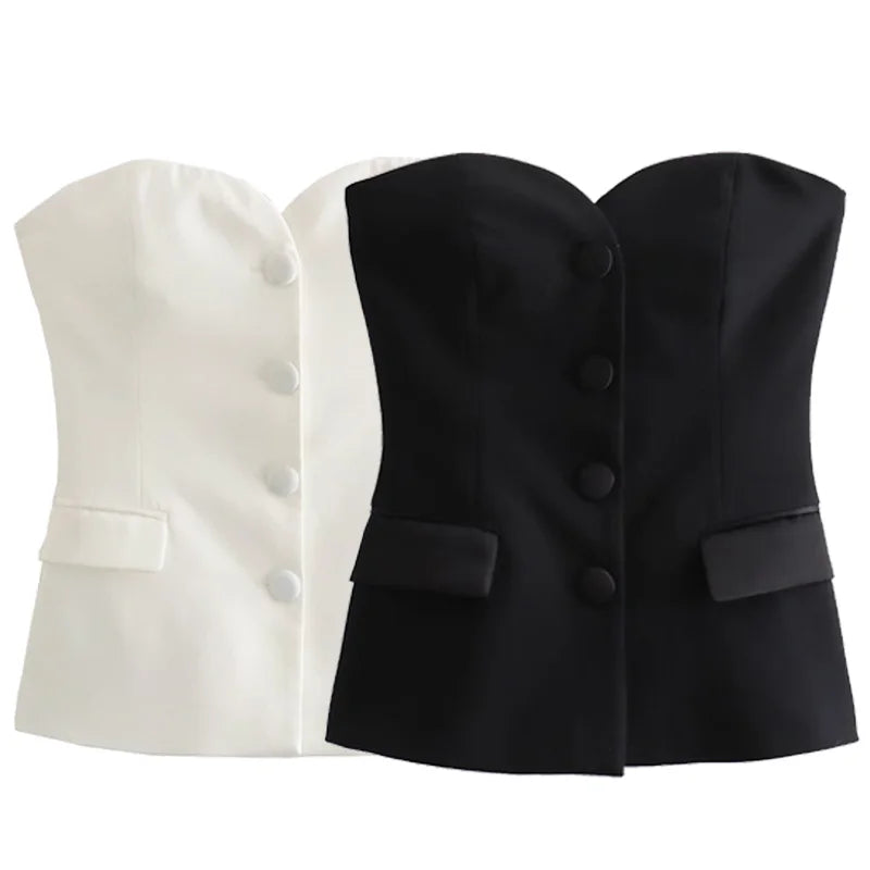 TRAF Women Crop Corset Top Summer Tanks & Camis White Black Tank Top Button Off Shoulder Sleeveless Tube Top Fashion Vests