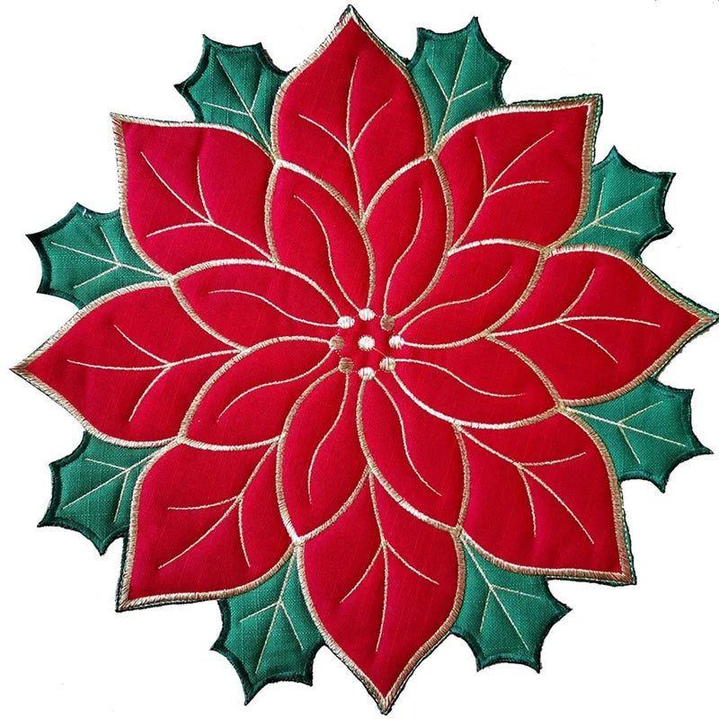 Holiday Christmas Embroidered Placemats Applique Poinsettia Placemats Christmas Flower Placemat For Table Decoration