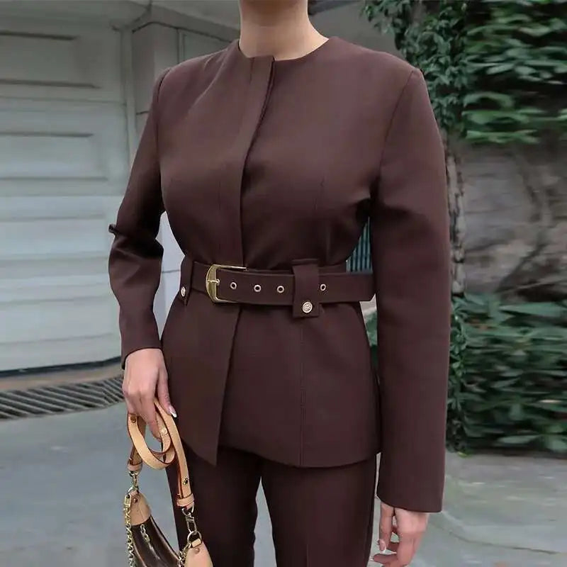 Elegant Women's Trouser Suits Long Sleeve O-Neck Top With Belt Solid Wide Leg Pants Female Suit 2025 Spring 2 Pieces Set Women